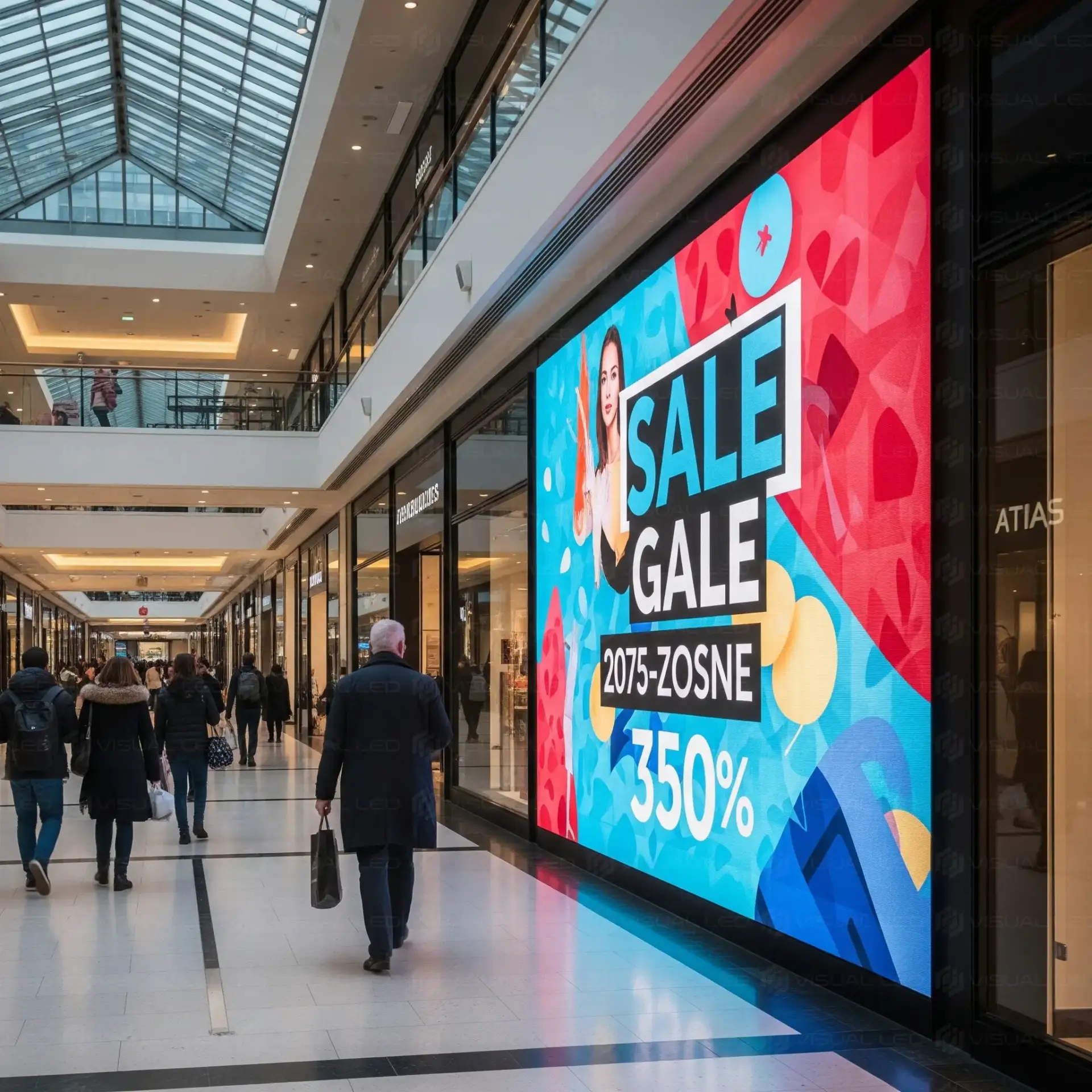 Pantalla LED de gran formato instalada en un shopping, con personas circulando frente a ella